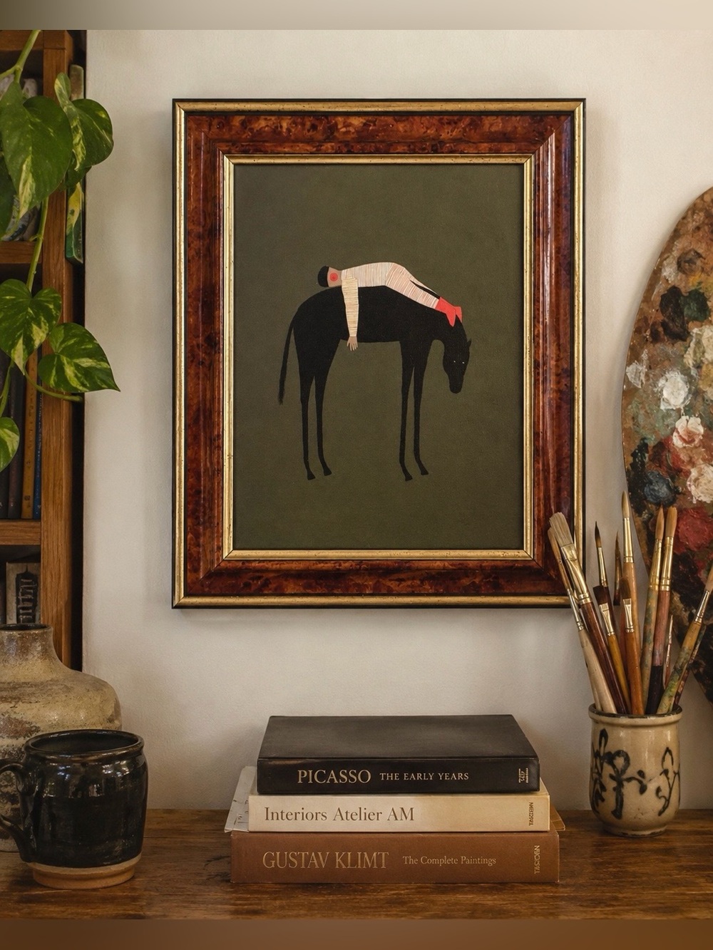 Vintage Style Folk Art Horse Rider Framed Wall Art Boho Equestrian Decor 11x13”